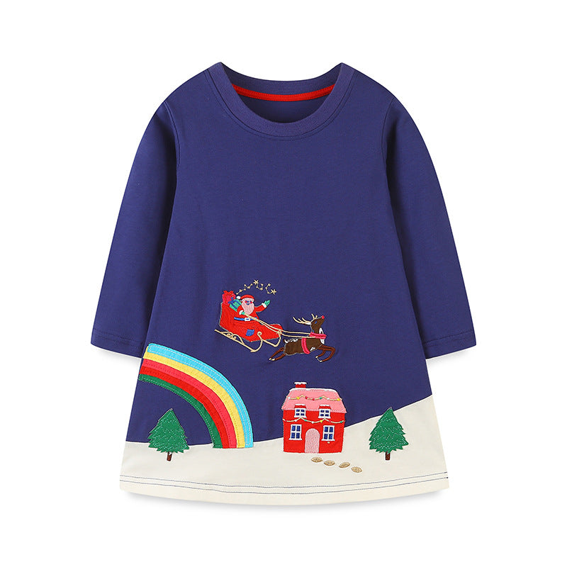 Girls’ Navy Blue Christmas Cartoon Pattern Embroidery Dress-0