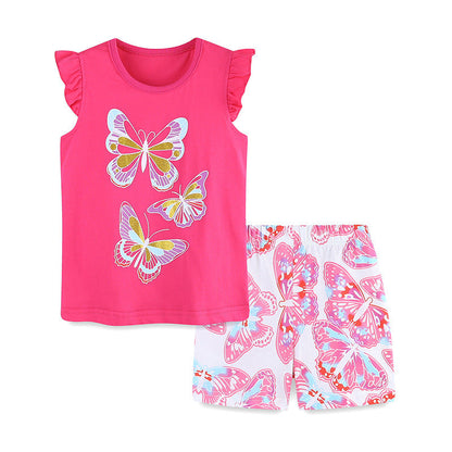 Summer Baby Kids Girls Butterfly Cartoon Print T-Shirt And Shorts Clothing Set-0