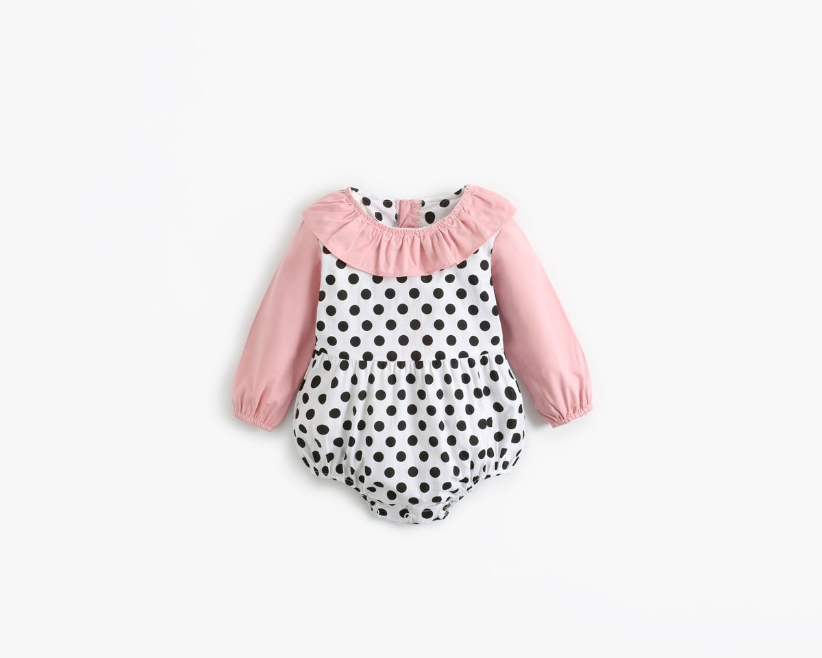 Baby Girl Polka Dot Pattern Ruffle Collar Design Long Sleeves Bodysuit Onesies-4