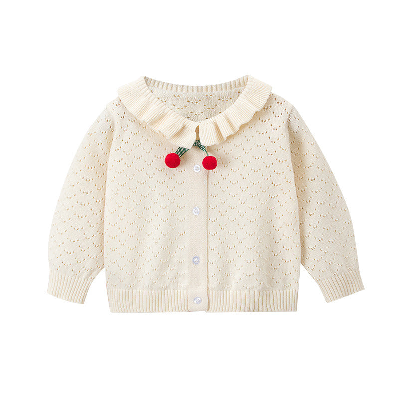 Baby Girl Solid Color Hollow Carved Design Cherry Patched Cardigan-3