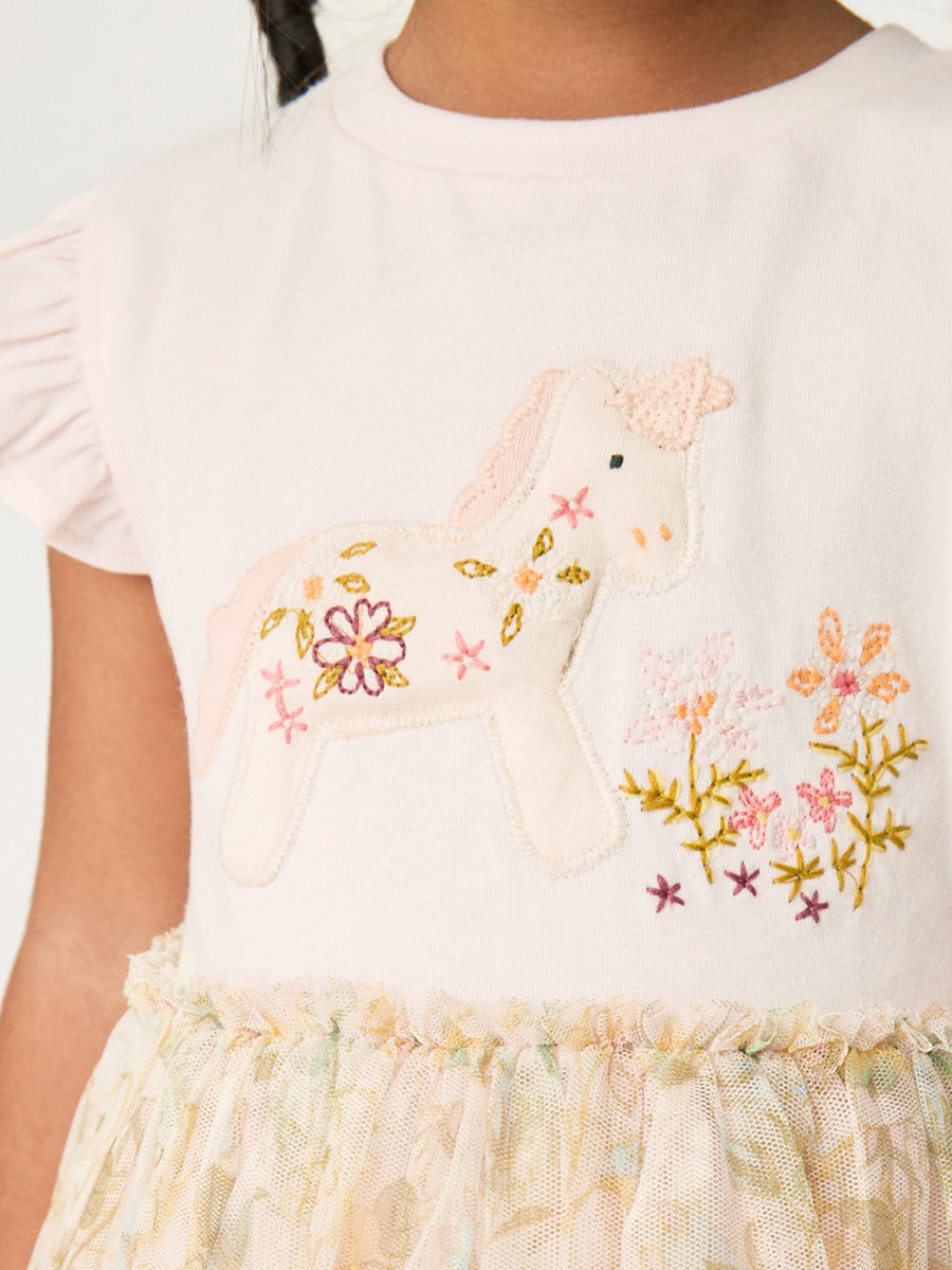 Spring And Summer Baby Girls Short Sleeves Unicorn Cartoon Floral Chiffon Dress-3