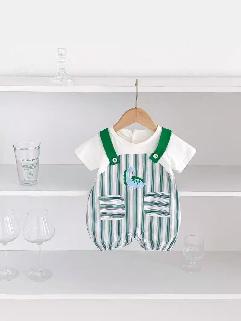 New Design Summer Baby Unisex Green Striped Sleeveless Overalls Onesies And Short Sleeves T-Shirt Clothing Set-4