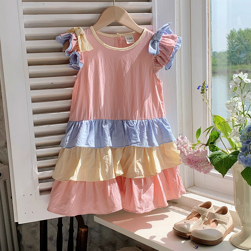 New Design Summer Kids Girls Colorful Color Patchwork Short Sleeves Crew Neck Ruffle Dress-0