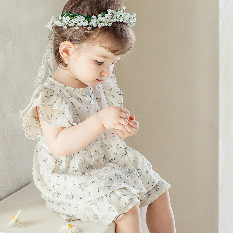 Baby Girl Flower Pattern Flying Sleeves Onesies &amp; Clothing Sets With Headband-4