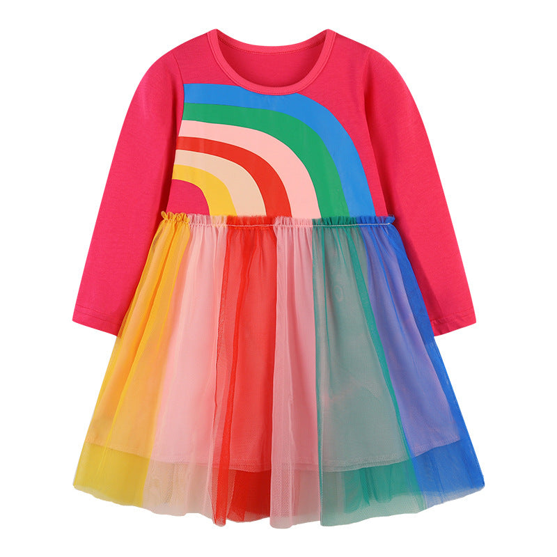 Baby Colorful Rainbow Pattern Mesh Overlay Design Pullover Dress-0