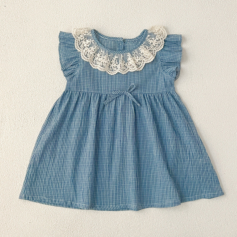 New Arrival Summer Girls Blue Plaid Noble Lace Floral Collar Fly Sleeves Onesies And Dress – Princess Sister Matching Set-3