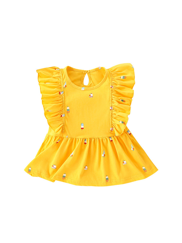 Summer New Arrival Baby Kids Girls Sleeveless Ice-Cream Pattern Crew Neck Yellow Dress-0