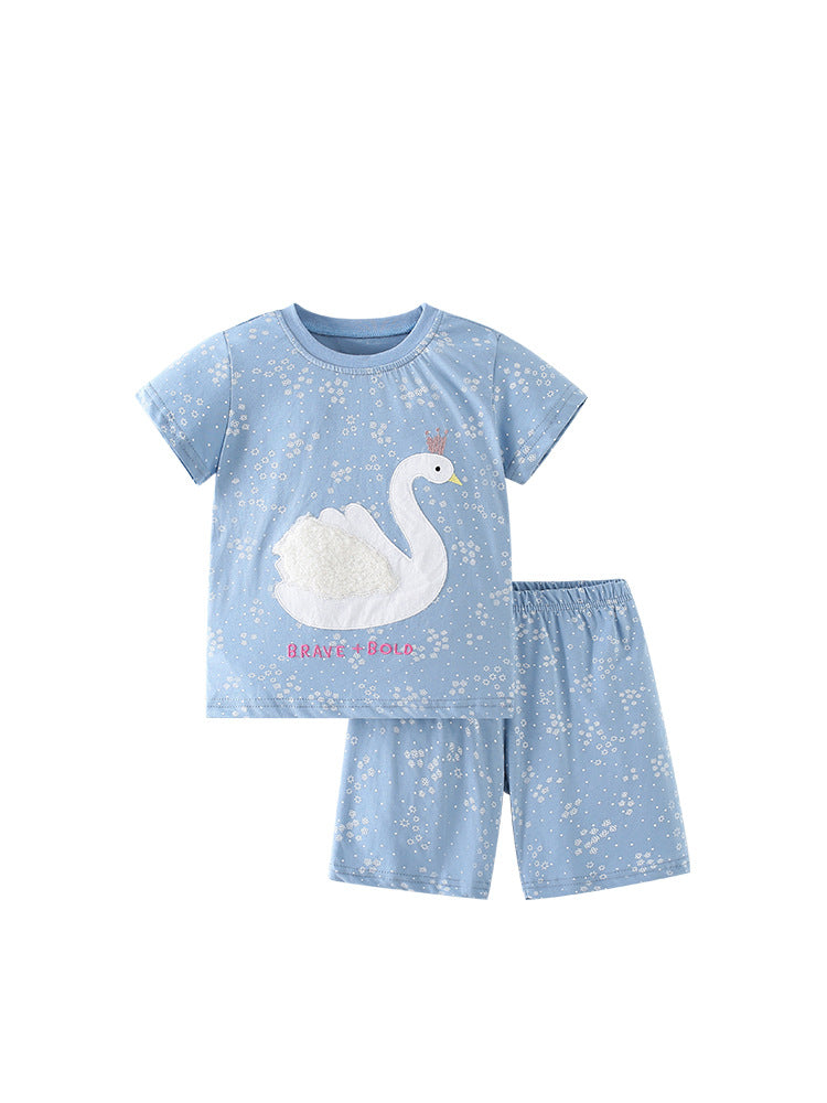 Summer Baby Kids Girls Swan Cartoon Pattern Short Sleeves T-Shirt And Shorts Casual Clothing Set-1