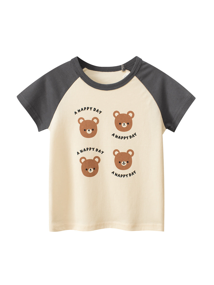 Summer Teddy Bear Cartoon Print Color Patchwork Girls’ T-Shirt In European And American Style-2