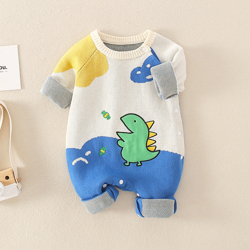 Baby Dinosaur Pattern Colorblock Design Cute Knit Romper-3