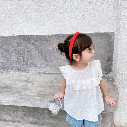 Summer New Design Girls Crew Neck Sleeveless Lace Trim Hollow Out Floral Pattern Top Shirt-4