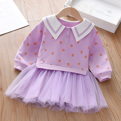 Baby Girl Fruit Pattern College Style Lapel Design Mesh Patchwork Dress-3