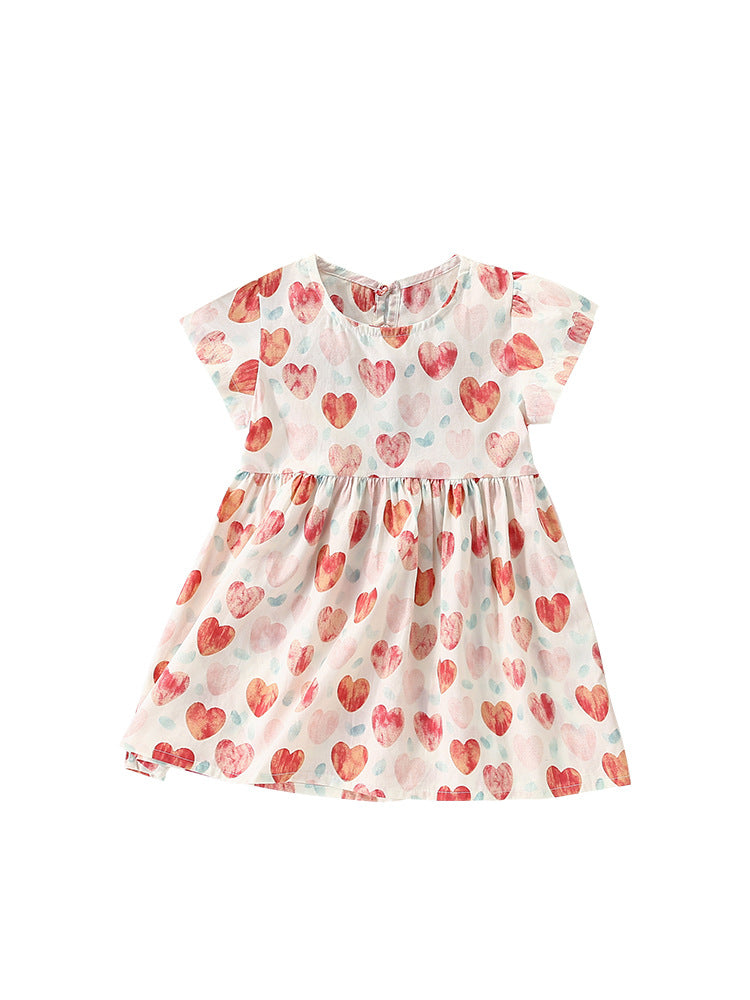 Summer New Arrival Girls’ Heart Pattern Short Sleeves Crew Neck Dress-0