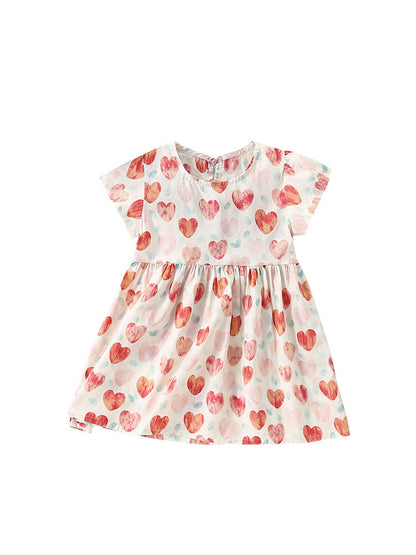 Summer New Arrival Girls’ Heart Pattern Short Sleeves Crew Neck Dress-0