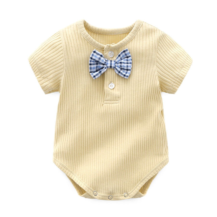 Baby Boy And Girl Solid Color Bow Tie Design Short Sleeve Buttoned Onesies-4