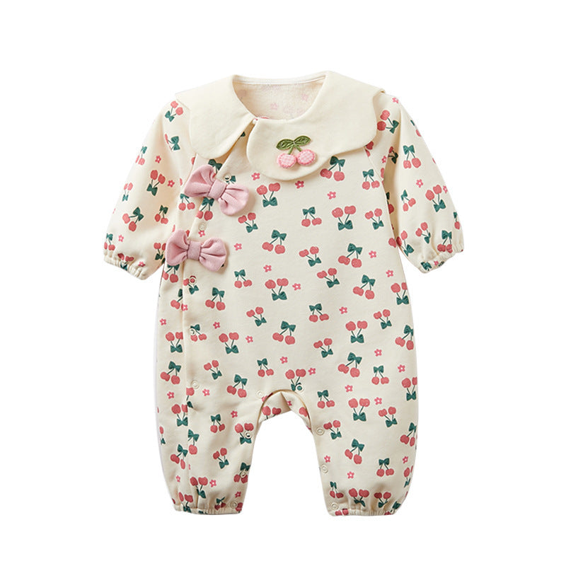 Autumn Baby Girl Cherry Pattern Flower Neck Rompers-4