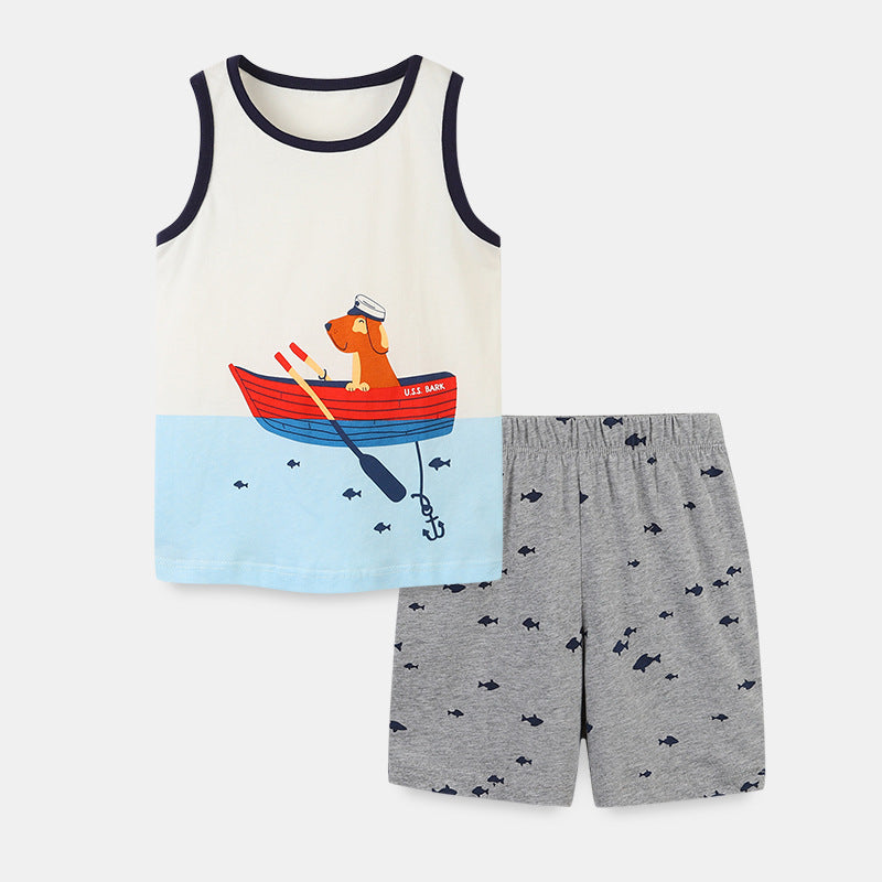 Baby Boy Cartoon Dog Graphic Sleeveless Summer Western Style Sets-0