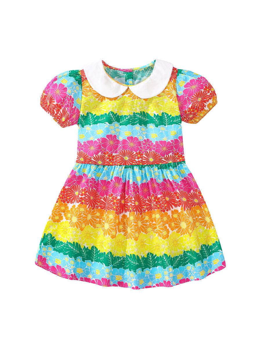 Summer Baby Kids Girls Short Sleeves Peter Pan Collar Colorful Flowers Print Dress-1