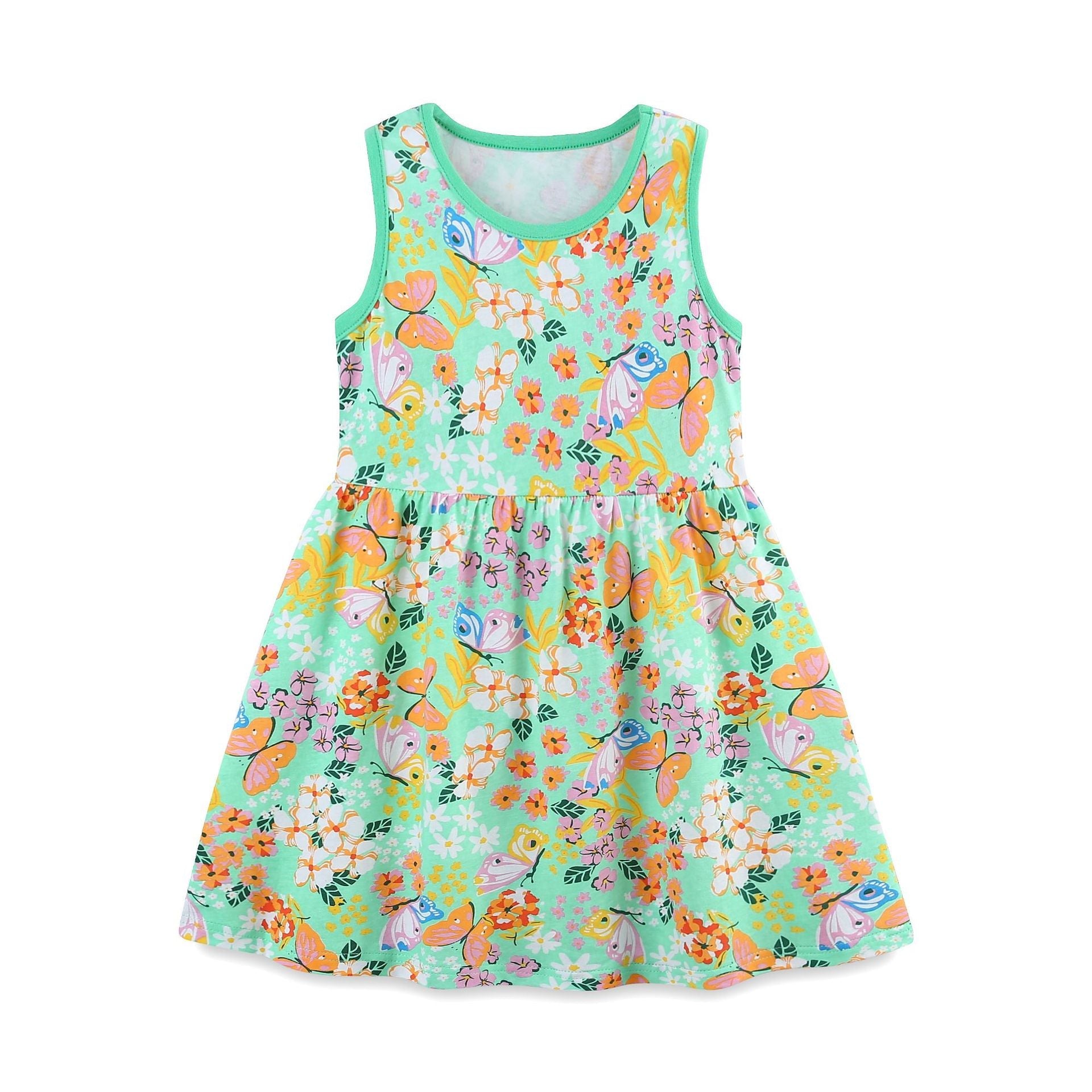 Summer Hot Selling Girls’ Flowers Pattern Butterfly Print Sleeveless Dress-0