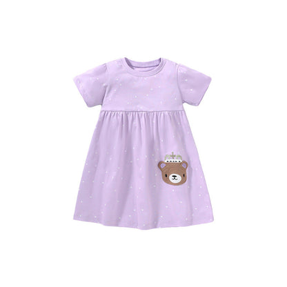 Summer Baby Kids Girls Short Sleeves Purple Dress With White Dots-4