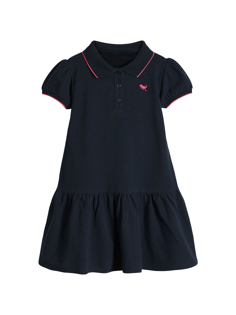 Summer Baby Kids Girls Short Sleeves Pink Logo Polo Design Black Dress-1