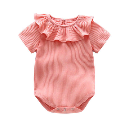 Baby Girl Solid Color Ruffle Design Short Sleeve O-Neck Onesies-4