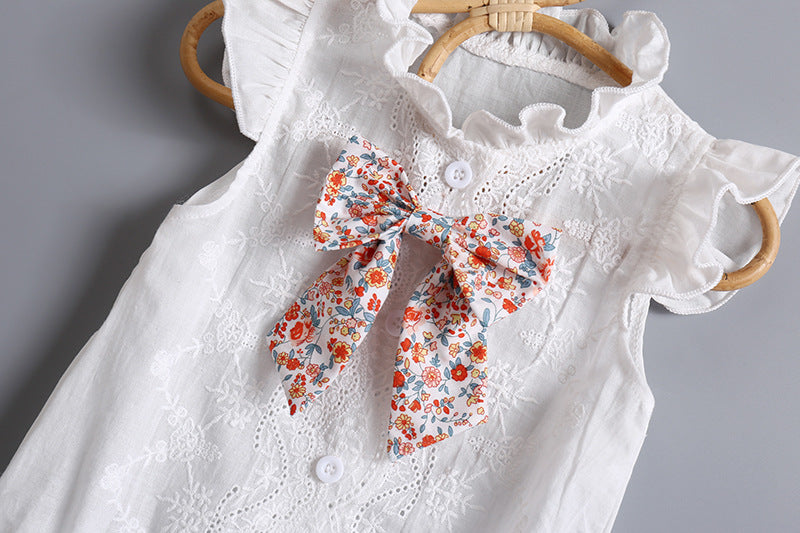 Baby Girl Embroidery Pattern Round Neck Mullet Design Sleeveless Cardigan Onesies With Bow Decorations-3