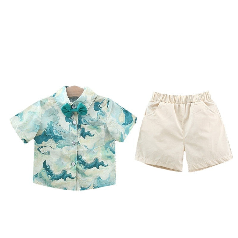 Summer Baby Kids Boys Green Tie-Dyed Turn-Down Collar Short Sleeves Shirt And Solid Color Shorts English Clothing Set-1