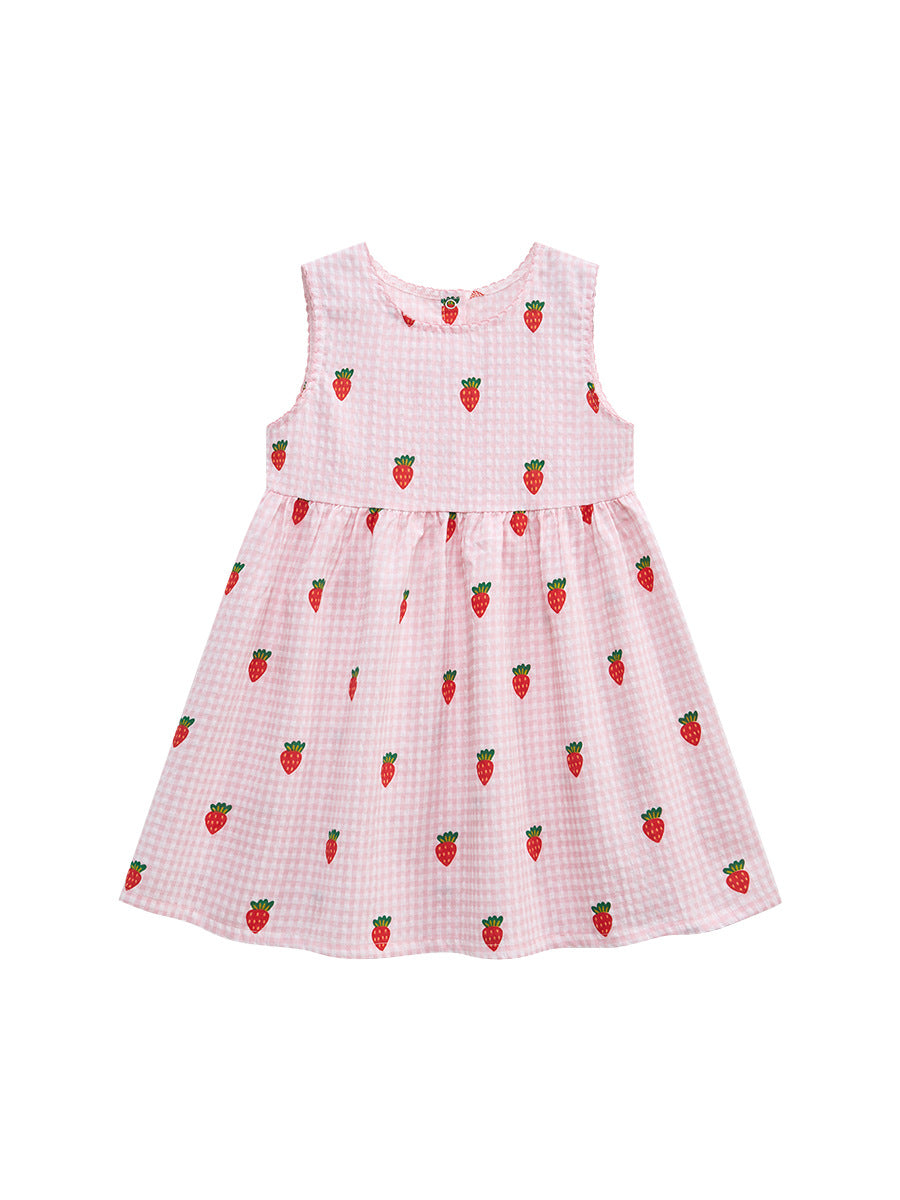 Summer Girls Sleeveless Carrots Print Pattern Plaid Dress-1