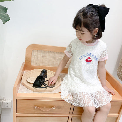 Summer Baby Girls Hot Selling Fashion Short Sleeves Lace Design Ice-Cream Pattern Dress-4