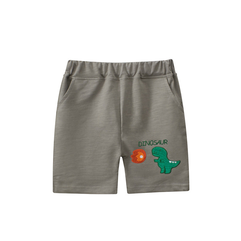 Dinosaur Pattern Solid Color Summer Shorts-4