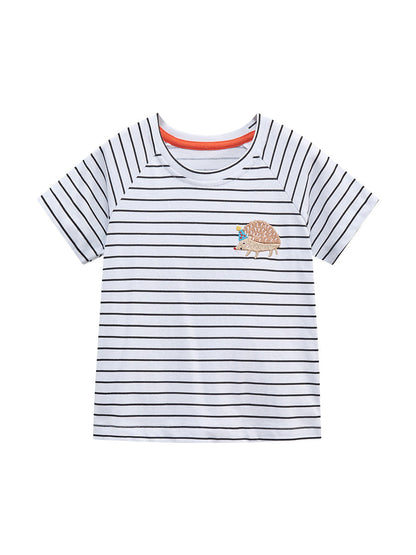 Baby Kids Girls Striped Hedgehog Logo Short Sleeves T-Shirt-1