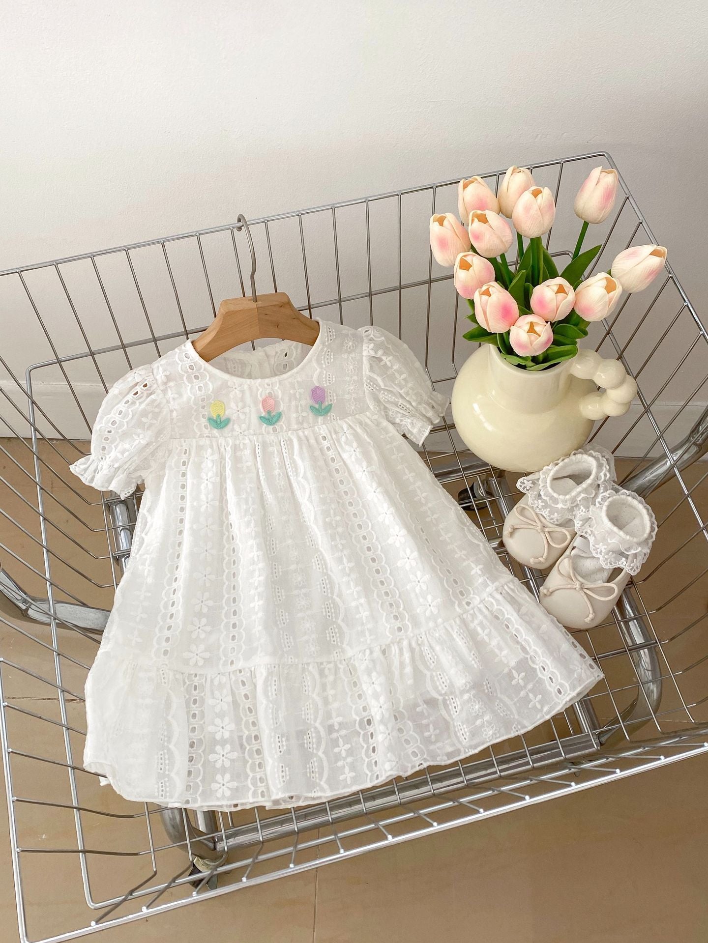 Summer Baby Girls Flowers Embroidery Pattern Hollow Out Short Sleeves Dress-0