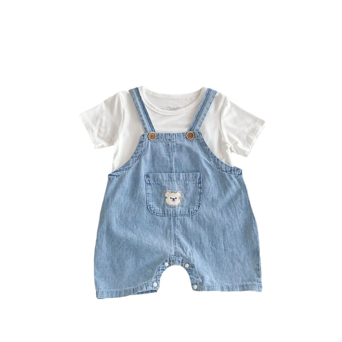 New Arrival Summer Baby Kids Unisex Teddy Bear Pattern Short Sleeves T-Shirt And Thin Denim Overalls Romper – Baby Matching Clothing Set-4