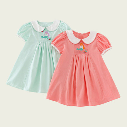 New Arrival Summer Baby Kids Girls Short Sleeves Mermaid Embroidery Dress-0