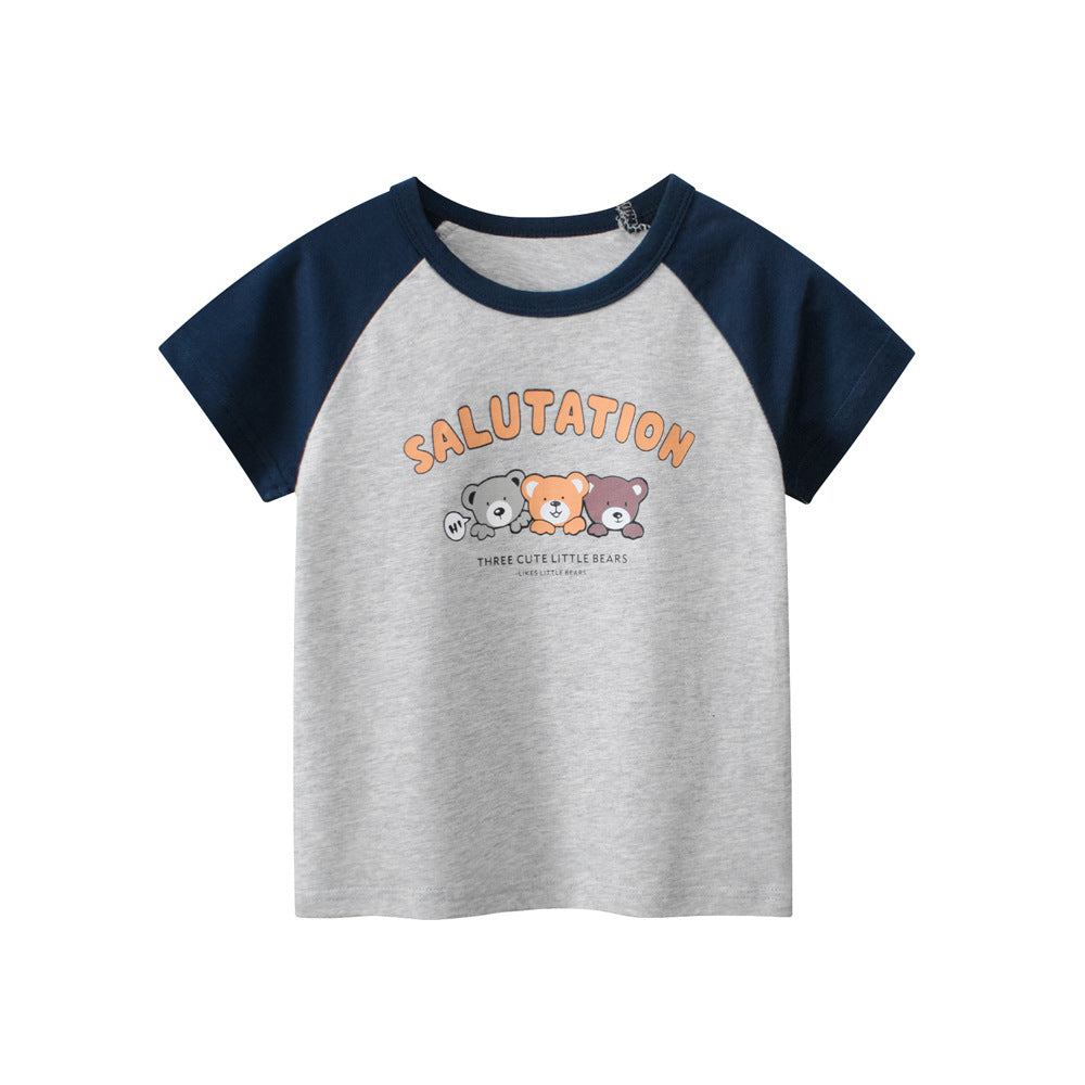 Boys’ Animal And Letters Print Color Patchwork T-Shirt In European And American Style-2