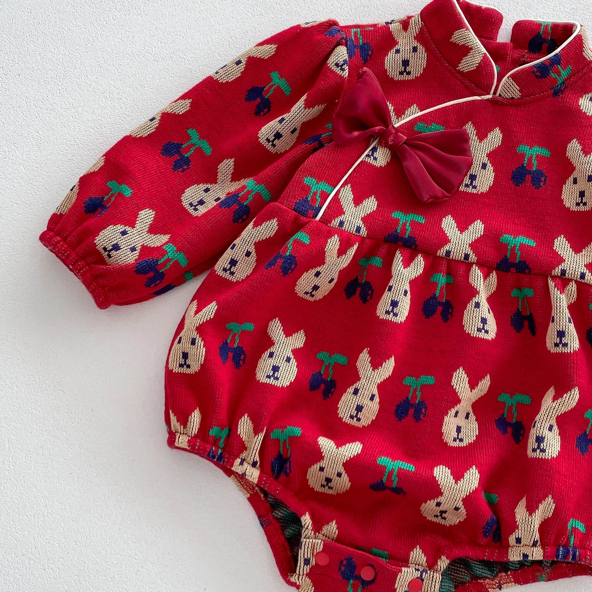 Infant Baby Girls Rabbit&amp;Cherry Around Long Sleeve One Piece-3