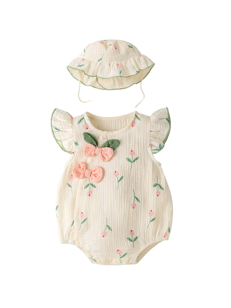 Summer New Design Baby Girls Light Floral Pattern Embroidery Fly Sleeves Crew Neck Sweet Cute Onesies-0