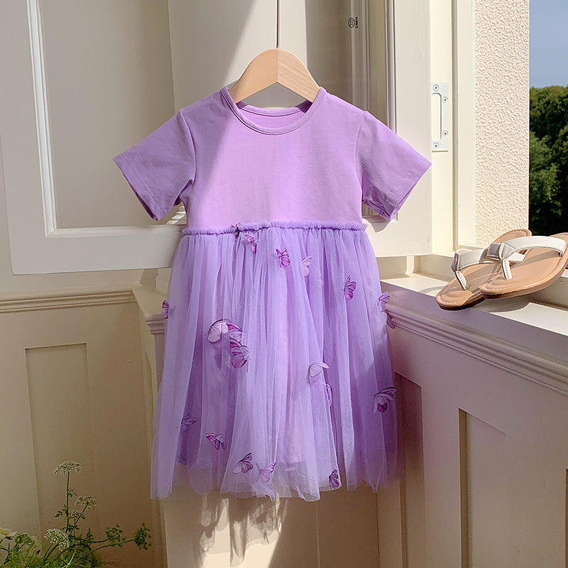 Summer Baby Kids Girls Princess Crew Neck Short Sleeves 3D Butterfly Mesh Patchwork Dress-2