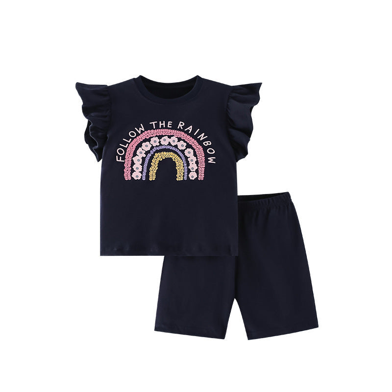 Summer Baby Kids Girls Floral Rainbow Print T-Shirt And Shorts Clothing Set-0