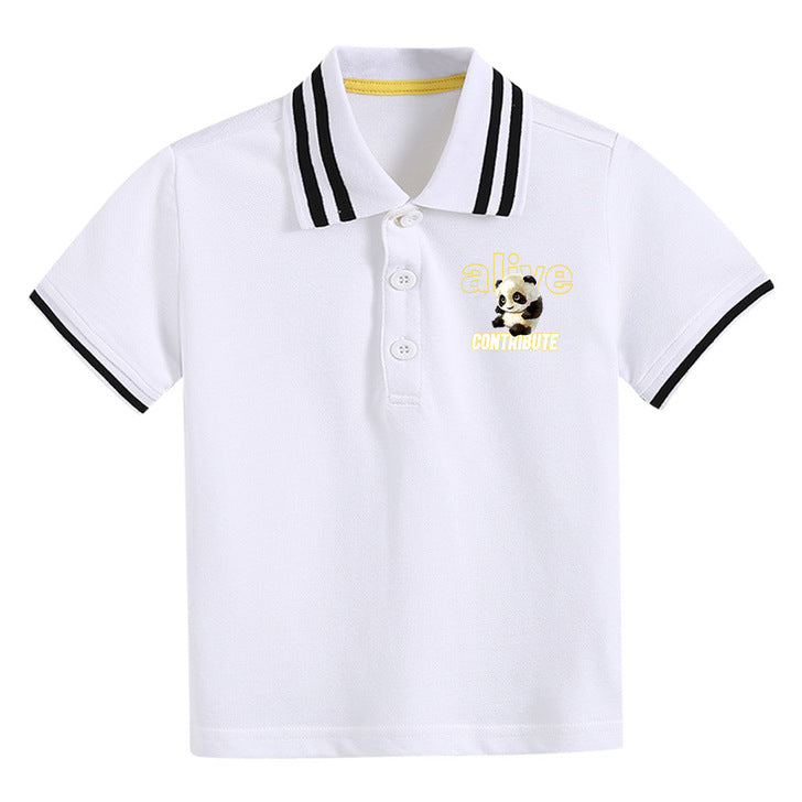 Baby Boy Panda Print Pattern Polo Collar White T-Shirt Preppy Style Short-Sleeved Tee Shirt With Button-3