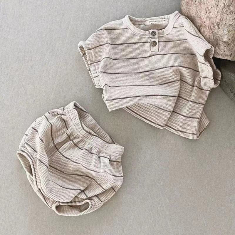 Baby Kids Unisex Striped Short Sleeves Waffle Grid Top And Shorts Casual Clothing Set-4