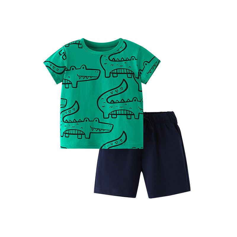 Summer Baby Kids Boys Crocodile Animals Cartoon Print T-Shirt And Black Shorts Clothing Set-0
