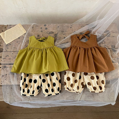 Summer New Arrival Baby Girls Sleeveless Crew Neck Solid Color Top And Polka Dot Shorts Clothing Set-5