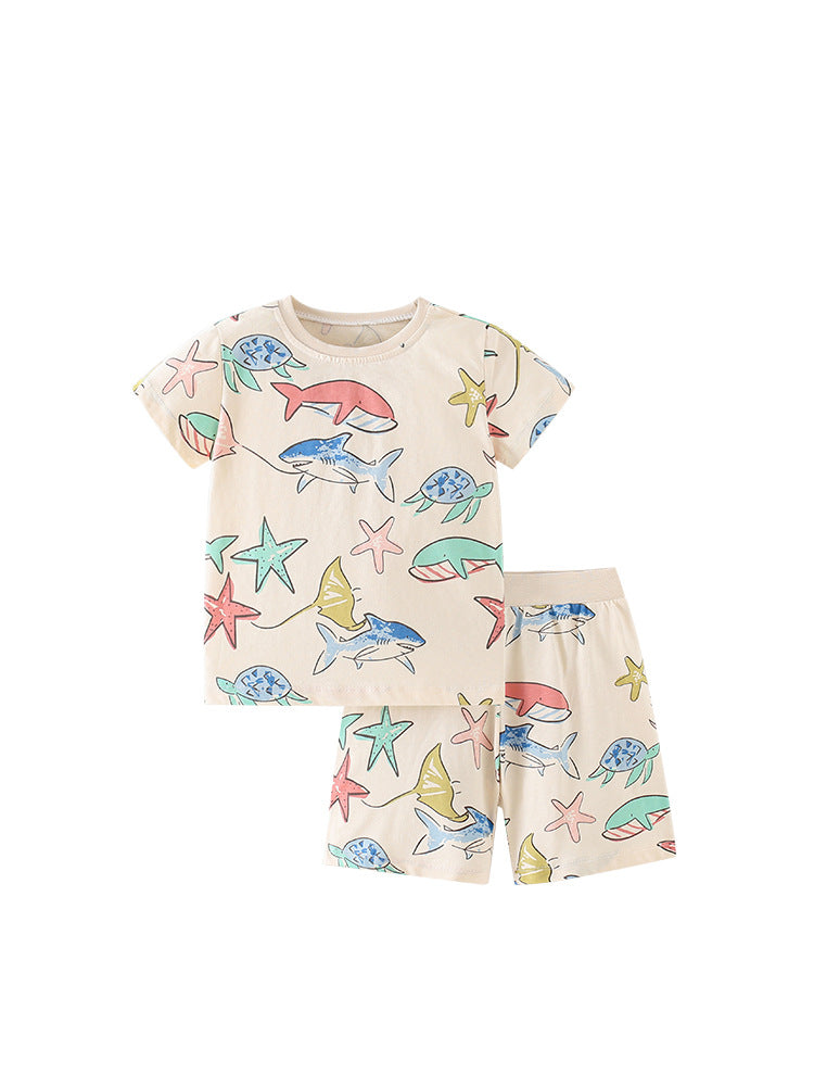 Summer Baby Kids Girls Marine Animals Cartoon Pattern Short Sleeves T-Shirt And Shorts Casual Clothing Set-1