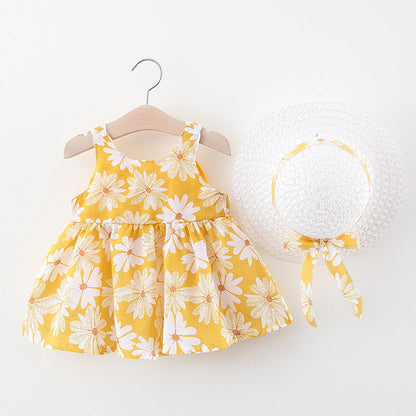 Baby Flower Pattern Bow Patched Design Sling Dress In Summer With Hat-4