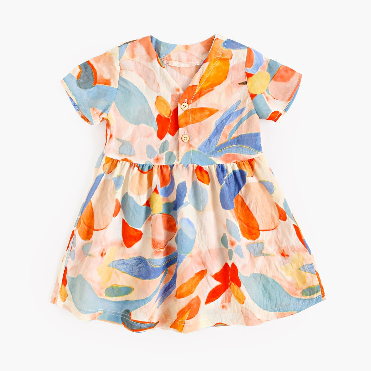 Summer New Arrival Baby Girls Casual Leaves Print Short Sleeves V Neck Dress-1