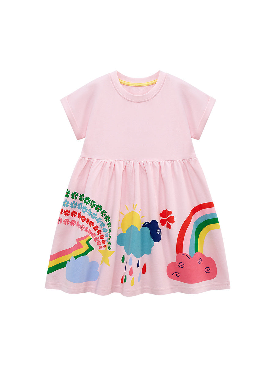 Kids Baby Girls Short Sleeves Floral Rainbow Pink Dress-1