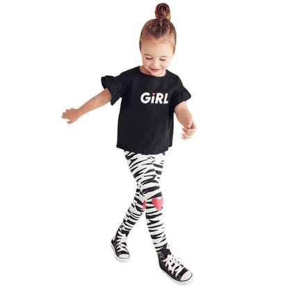 Girls Black Short Flare Sleeves T-Shirt And Striped Pants Set-0