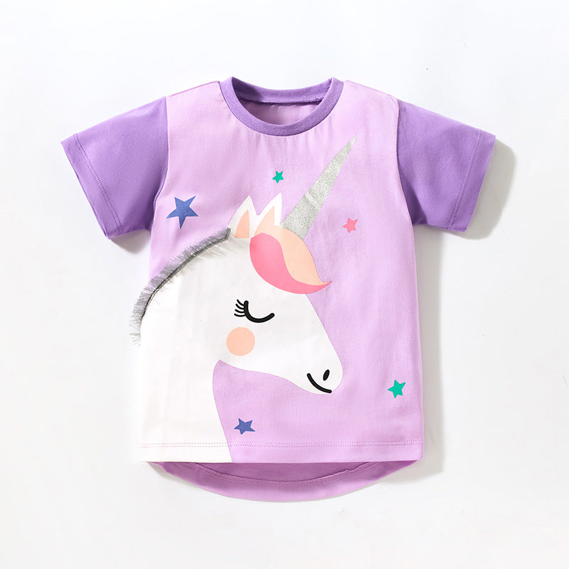 Cute Knit Round Neck Starry Unicorn Cartoon Girls’ T-Shirt In European And American Style For Summer-3